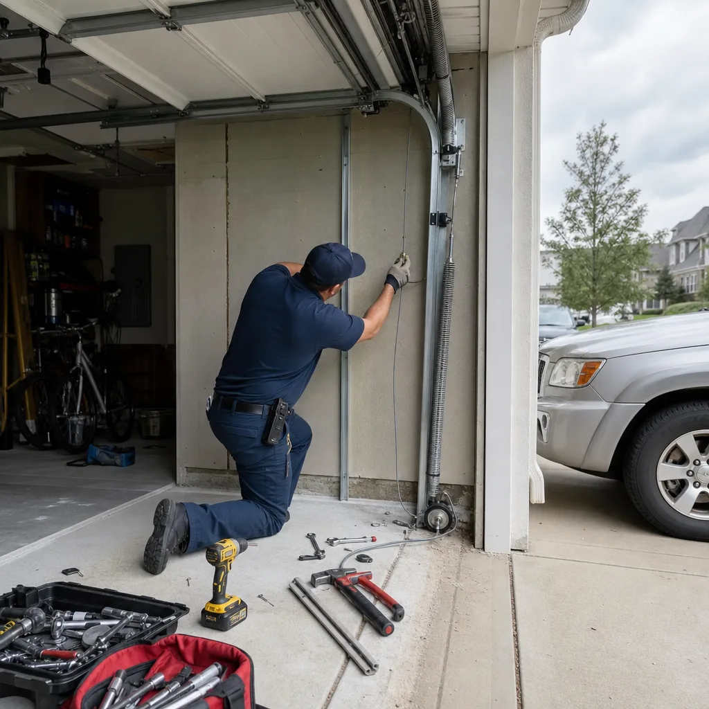 Technician performing professional garage door cable repair with specialized tools