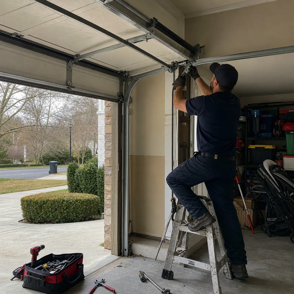 Technician performing professional garage door cable repair on a ladder