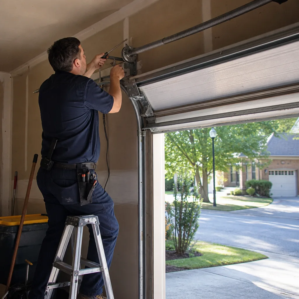 Technician performing professional garage door cable repair on a residential door