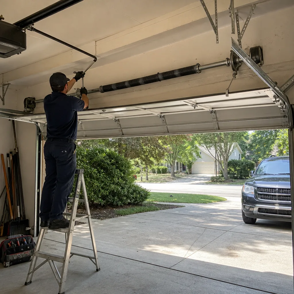 Technician performing professional garage door spring repair and maintenance.