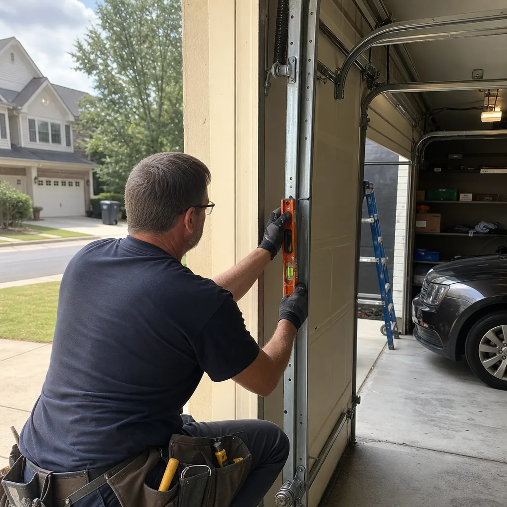 Technician using a level to repair a garage door track