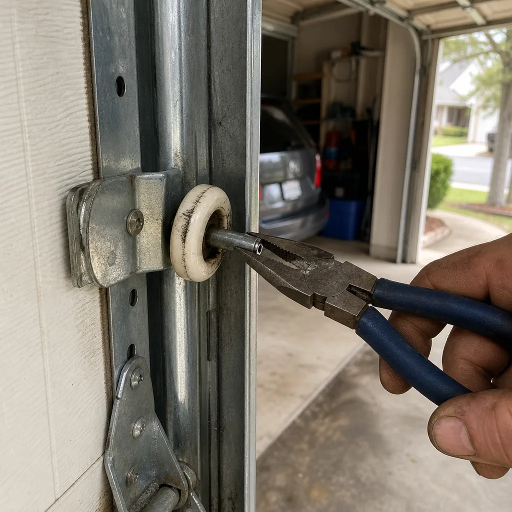 Technician using pliers to perform garage door roller repair